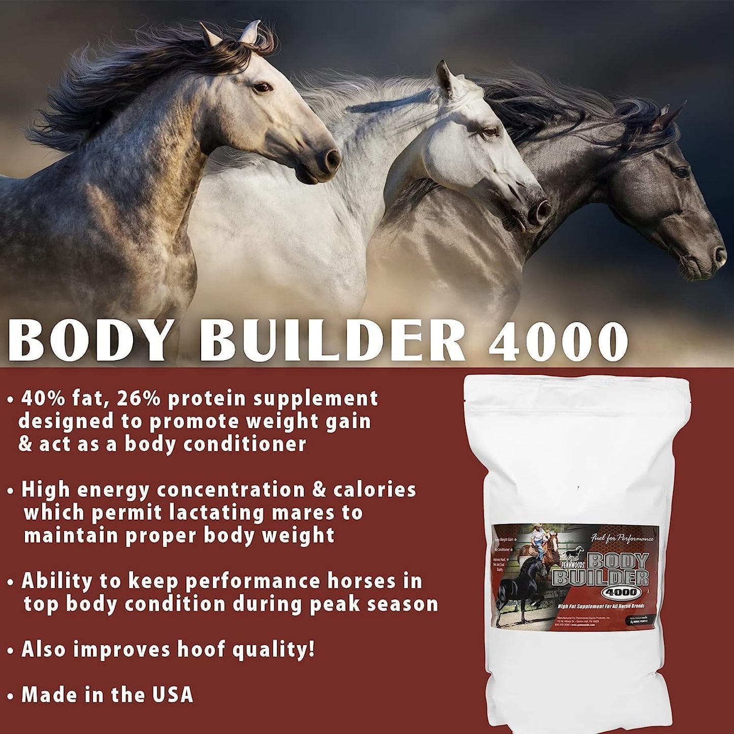 Body Builder 4000, Horse Weight Gain Supplement, High Fat and Energy Horse Weight Builder with Body Conditioning Horse Vitamins, Improves Hoof Quality - 25 LB Bag