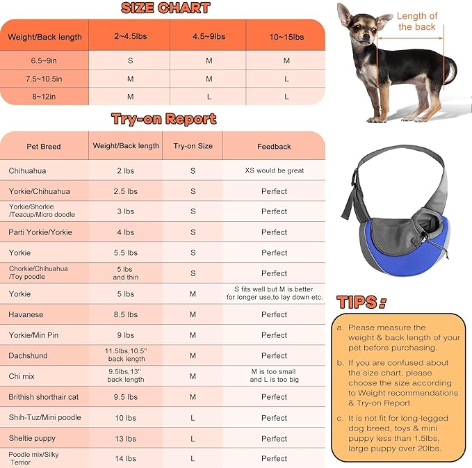 YUDODO Pet Sling Carrier for Small Dogs & Cats – Hands-Free Puppy Carrier with Safety Hook, Large Zipper Pocket, Soft Breathable Mesh, Adjustable Strap & Reflective Strip (Blue 1.0 S)