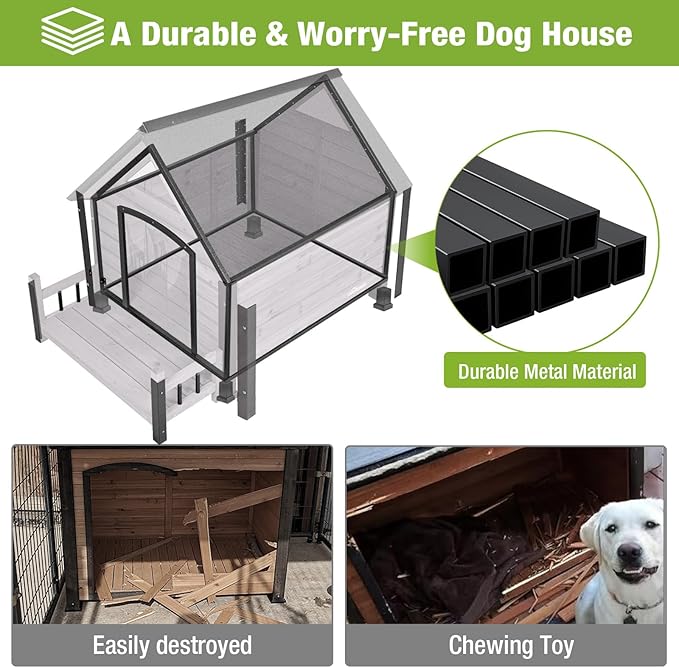 Metal Frame Dog House with Insulated Liner for Indoor & Outdoor Use - Large Dog Kennel with Weatherproof Roof & Foot Pads for Small, Medium & Large Dogs(Grey)