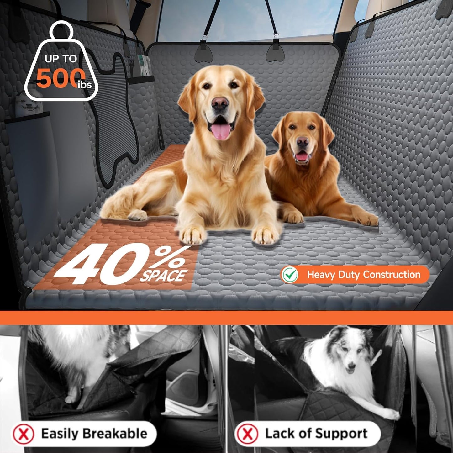 Grey Large Space Dog Hammock for Car, SUV, Small Truck - Universal Fit Dog Car Seat Cover with Hard Bottom, Waterproof & Scratch-Proof, Supports Up to 500 lbs