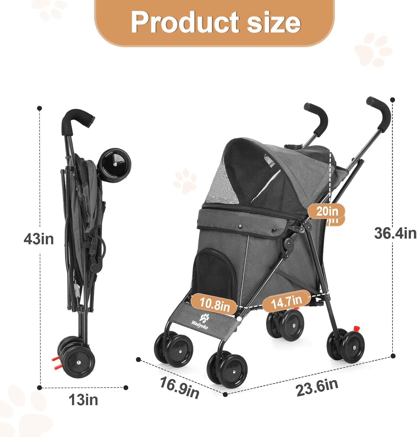 Wedyvko Travel Portable Dog Stroller, Pet Stroller for Small Puppy Dogs & Cats, Up to 33 lbs, Dark Grey