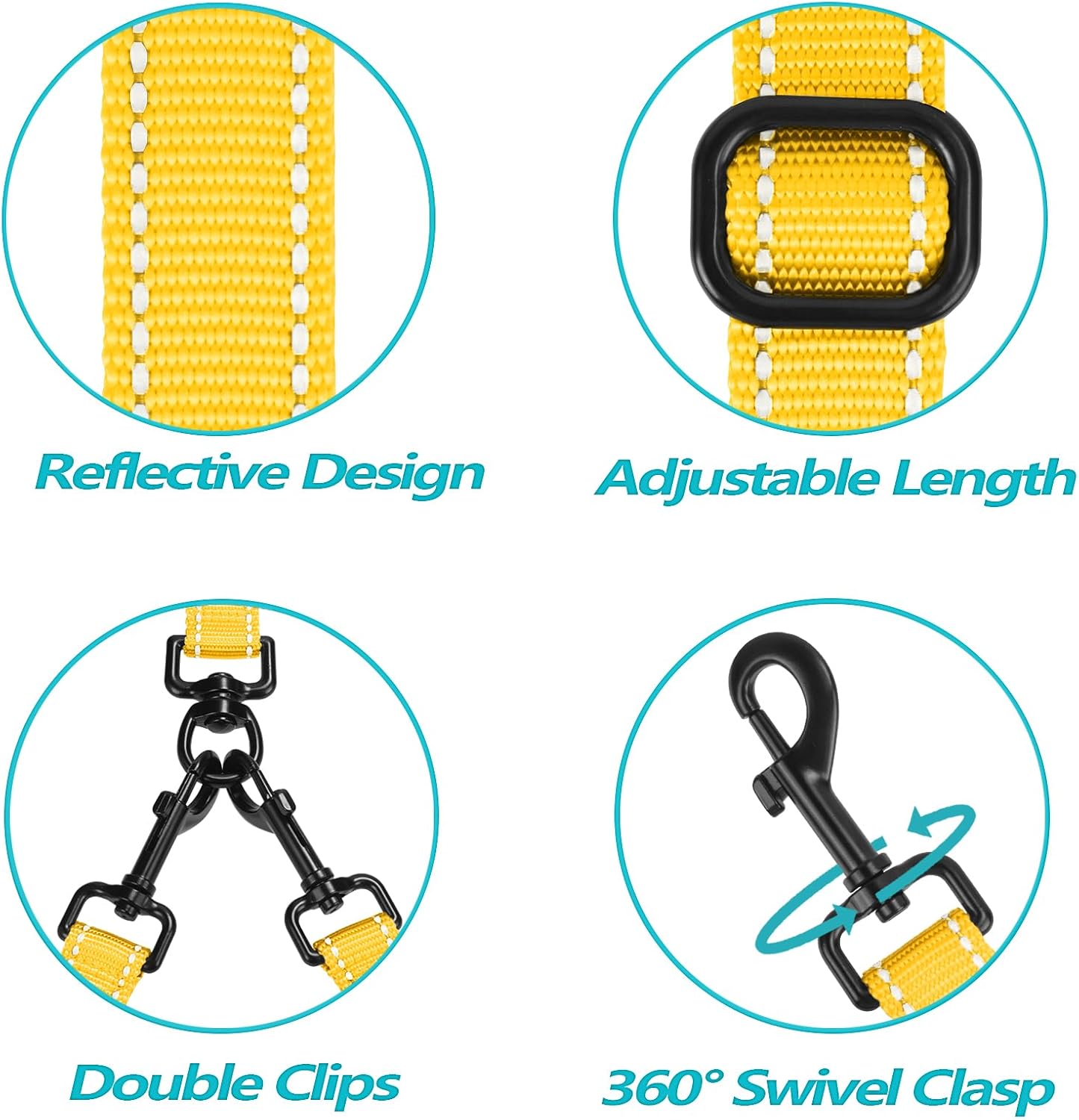 PetBonus Double Dog Leash, No Tangle Dual Leash, Reflective Walking Training Lead, 4 Comfortable Padded Handles for 2 Dogs with Collapsible Bowl and Waste Bags (Yellow, Large)