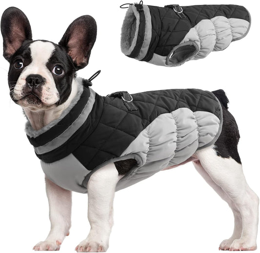 FUAMEY Dog Coat for Medium Dogs,Waterproof Dog Winter Jacket with Harness Built in Puppy Cold Weather Coats Reflective Pet Vest with Zipper Warm Fleece Dogs Snowsuit Windproof Black M