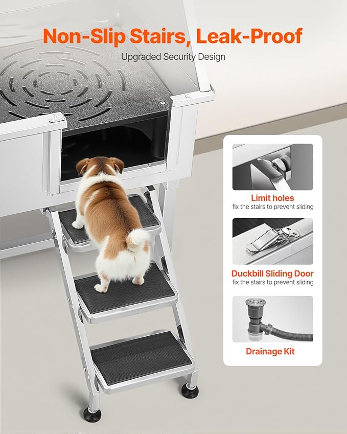 VEVOR Stainless Steel Dog Washing Station, 38 inch Pet Grooming Tub w/Storage Stairs, Faucet & Showerhead & Soap Holder Dog Bathtub for Medium & Small Pets (Right Door)