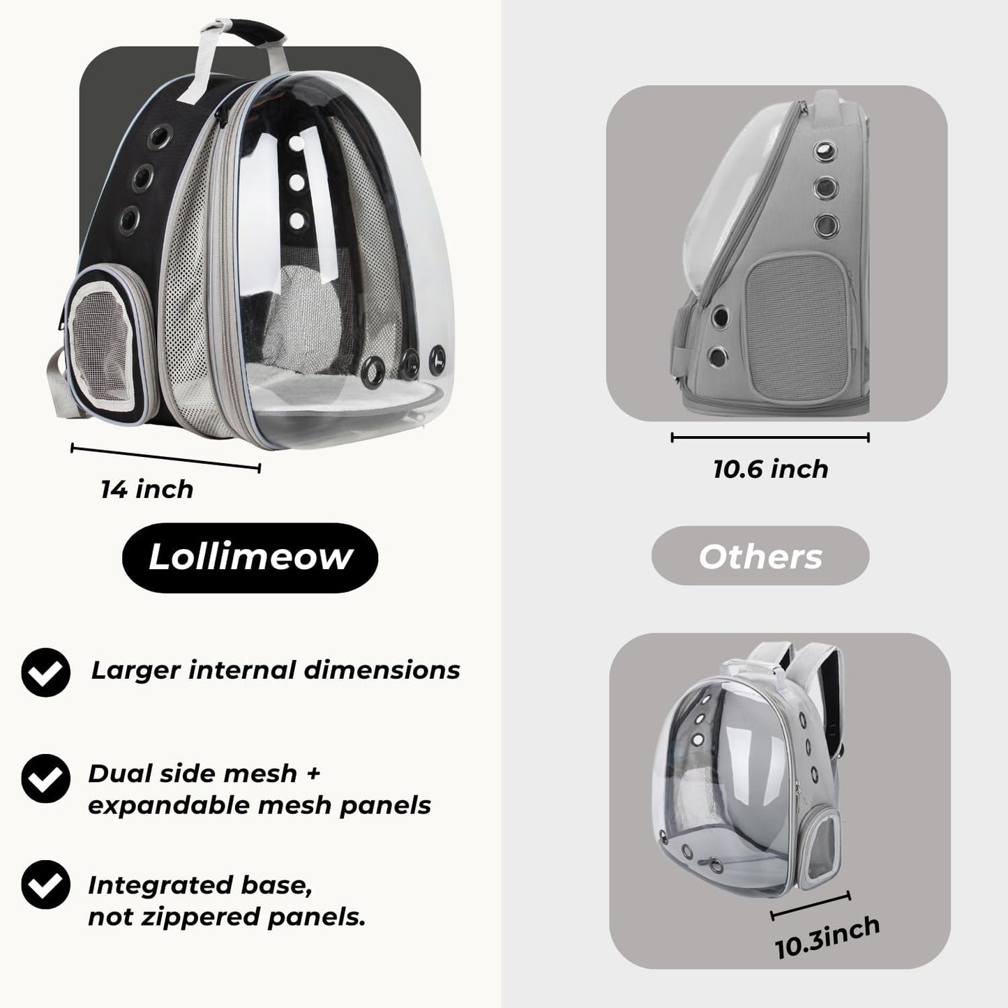 Lollimeow Cat Carrier Backpack, Bubble Expandable Backpack Carrier, Pets and Small Dogs,Airline-Approved, Designed for Travel, Hiking, Walking & Outdoor Use (Front Expandable-Black)