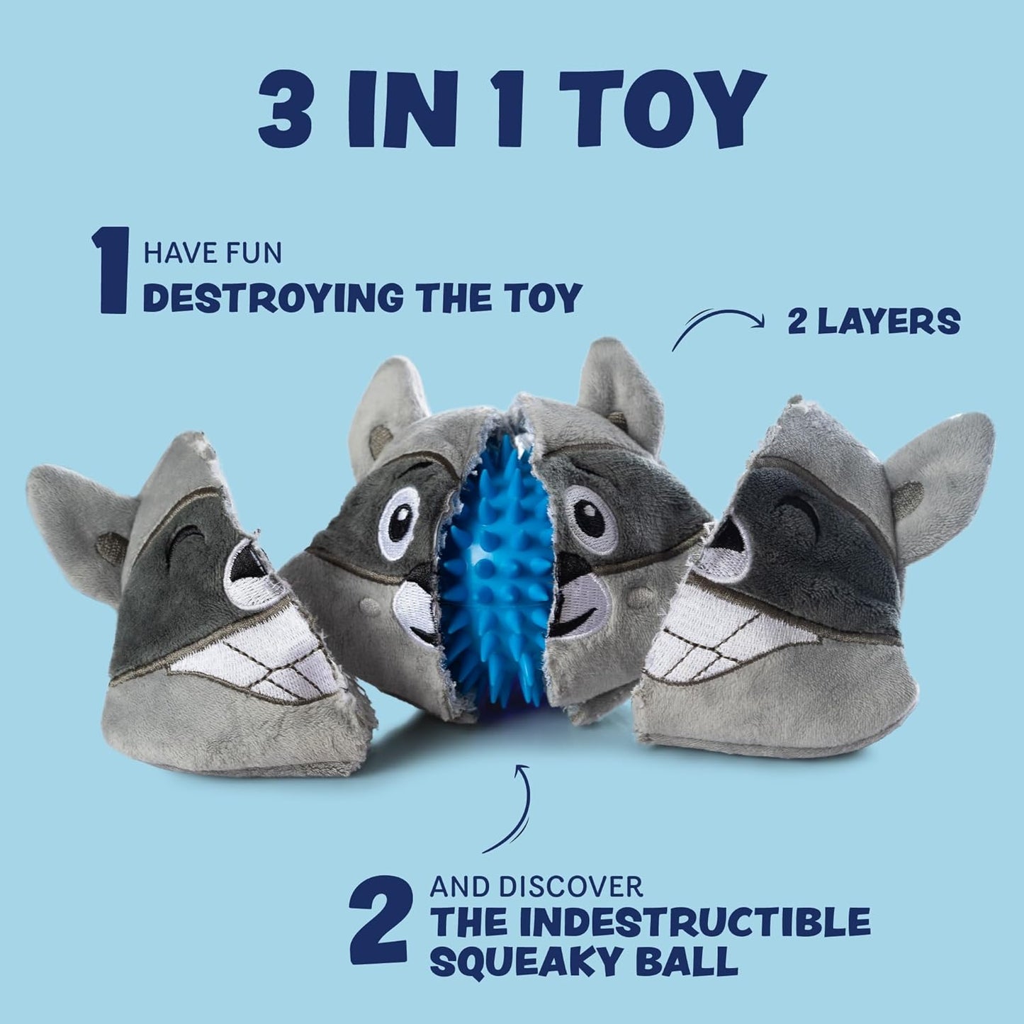 ZENPOKI 3-in-1 Dog Toys - Squeaky interactive - Medium, Large & Small Breeds, Puppy Teething - Grey