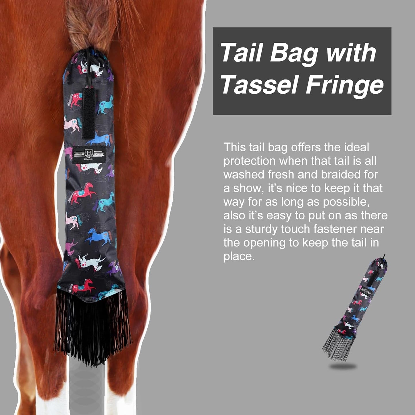 Harrison Howard Smooth Lightweight Adjustable Fastener Nylon Horse Tail Bag with Fringe