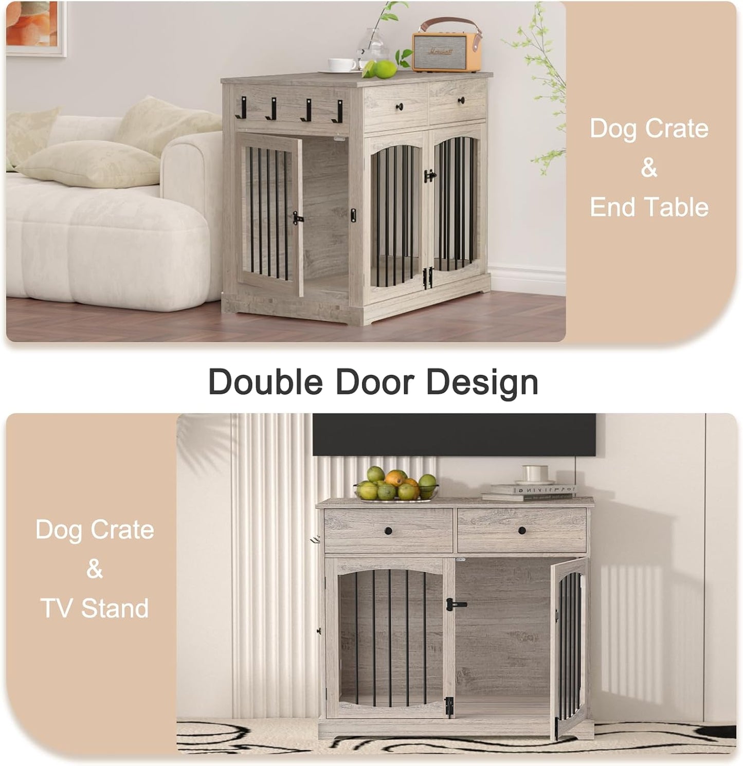 BREEZEHEAT 40 inch Dog Crate Furniture-Farmhouse Dog Kennel with Drawers-End Table Wooden Pet Crate, Double Door Design, Decorative Dog House Indoor for Small Medium Large Dog, Oak Grey