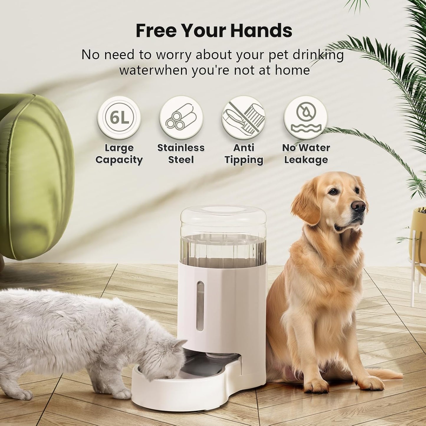 CZPET Automatic 6L Dog and Cat Water Dispenser with Stainless Steel Bowl Gravity Waterer,100% BPA-Free,Large Capacity and Drinking Area Noise-Free for Pets(6L Water Dispenser, White)