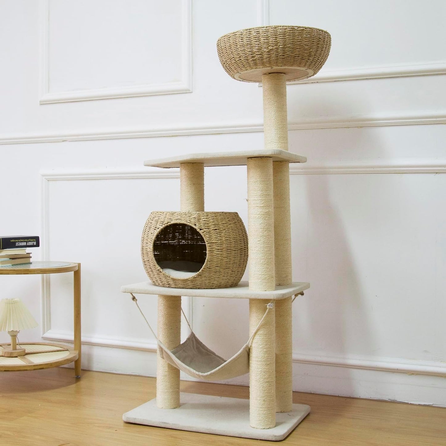 Wood Cat Tree for Indoor Cats, 52.4 Inch Tall, with Scratching Post and Hammock