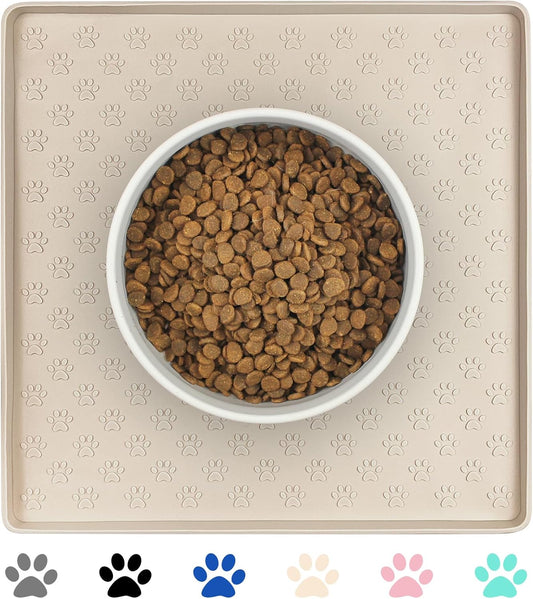 Ptlom Pet Placemat for Dog and Cat, Waterproof Non-Slip Silicone Feeding Bowl Mat Prevent Food and Water Overflow, Puppy Dish Feeder Fountain Trays Suitable for Medium and Small Pets, Beige