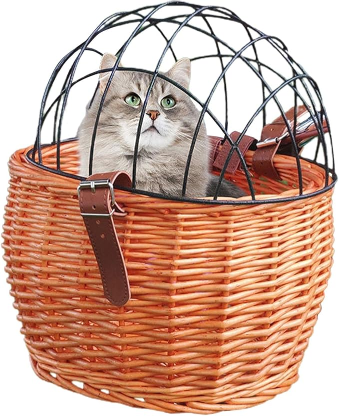 Bike Pet Basket, Wicker Bike Basket for Small Dogs Cats Pet Carrier Front Basket with Wire Mesh Cover and Lid, Wicker Basket for Dogs and Cats, Rattan Storage Basket, 11.81 * 9.84 inch (A)