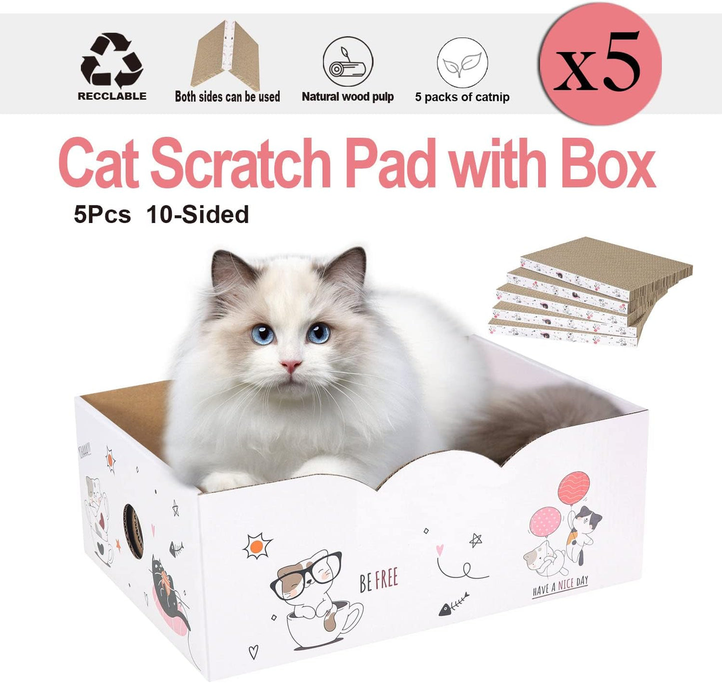 5 Packs in 1 Cat Scratch Pad with Box, Cat Scratcher Cardboard,Reversible,Durable Recyclable Cardboard, Suitable for Cats to Rest, Grind Claws and Play with Scratch Box