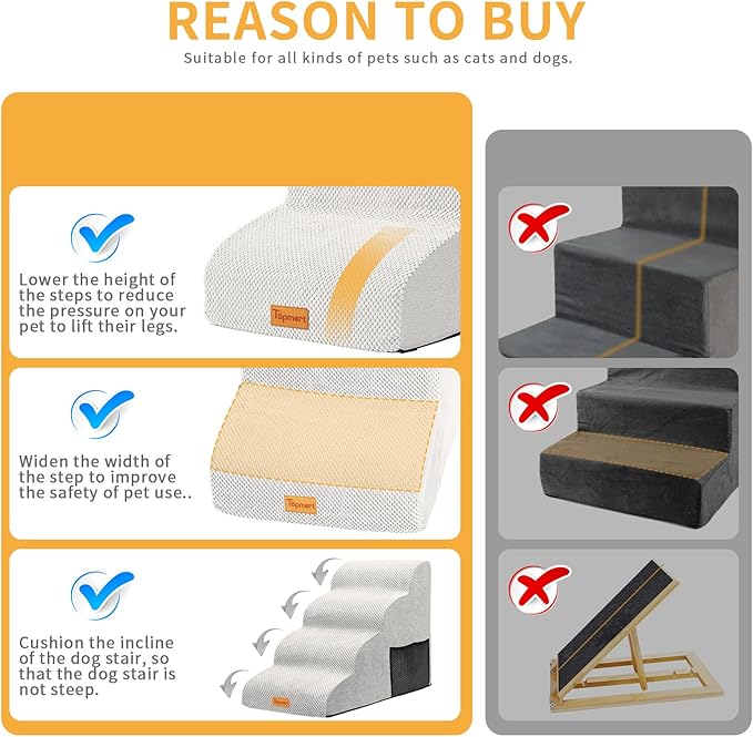 Topmart High Density Foam Dog Steps 4 Tiers,Extra Wide Deep Pet Steps,Non-Slip Dog Stairs Ramp for Bed,Soft Foam Cat Ladder,Best for Older Injured,Older Pets,Cats with Joint Pain