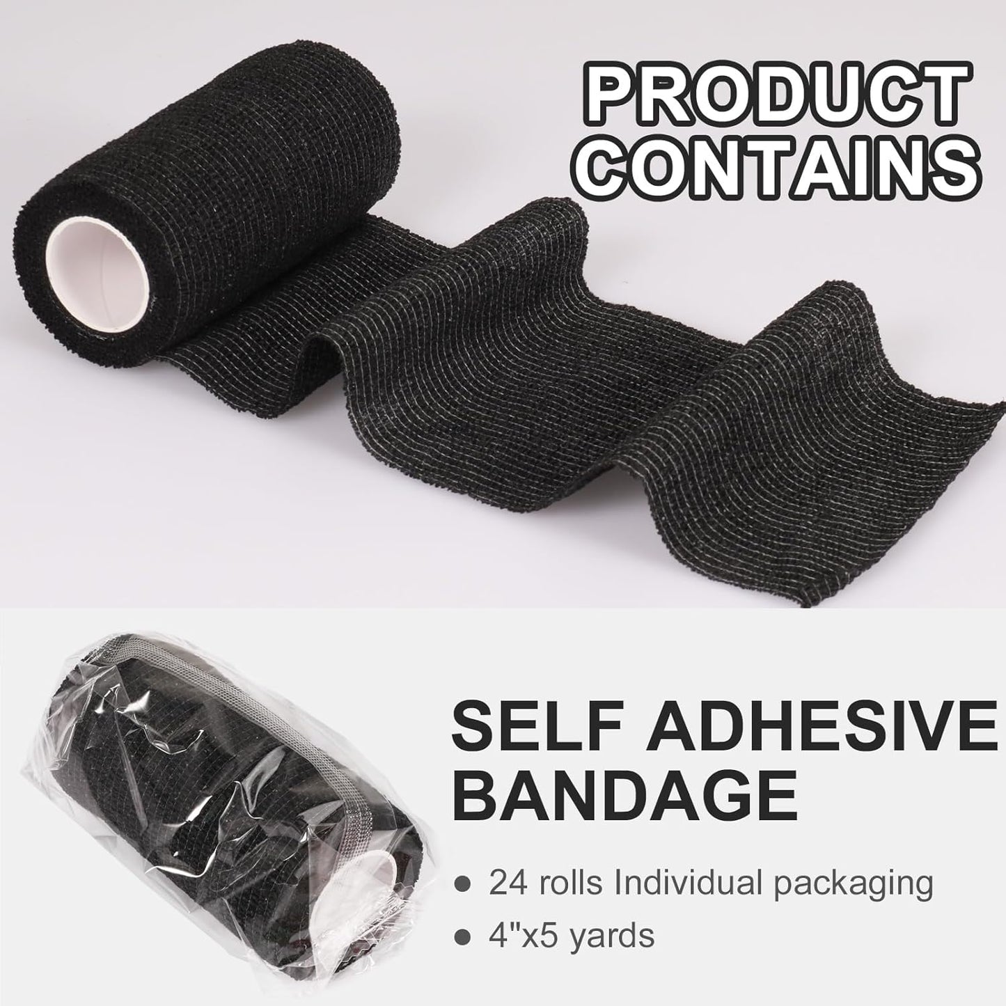 24 Pack Self Adhesive Bandage Wrap, 4” x 5 Yards Cohesive Medical Tape Elastic Grip Tape Black Sports Tape Athletic for Ankle, Wrist Sprains, Pet First Aid (Black, 4 Inch)
