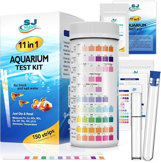 11 in 1 - Aquarium Test Strips | 950 Tests - 150 Strips | Fish Tank Aquariums Water Test Kit & ebook | Aquarium Thermometer | Fish Tank Water Testing Kit Includes 50 Ammonia Strips | Versatile Usage