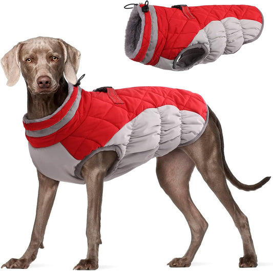 FUAMEY Dog Coat for Large Dogs,Waterproof Dog Winter Jacket with Harness Built in Puppy Cold Weather Coats Reflective Pet Vest with Zipper Warm Fleece Dogs Snowsuit Windproof Red XXL