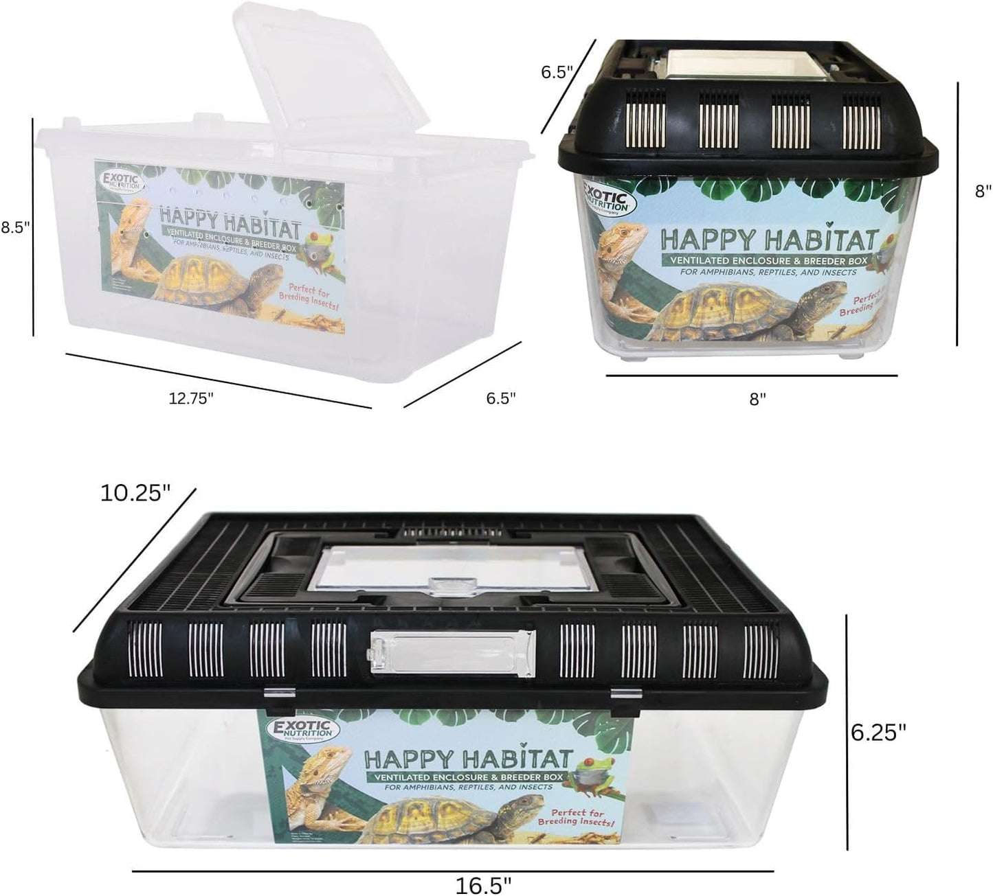 Happy Habitat (Medium - 2 Pack)- Ventilated Enclosure & Breeder Box - for Live Feeder Insects, Reptiles, Amphibians & Other Small Pets - Durable Plastic Portable Terrarium