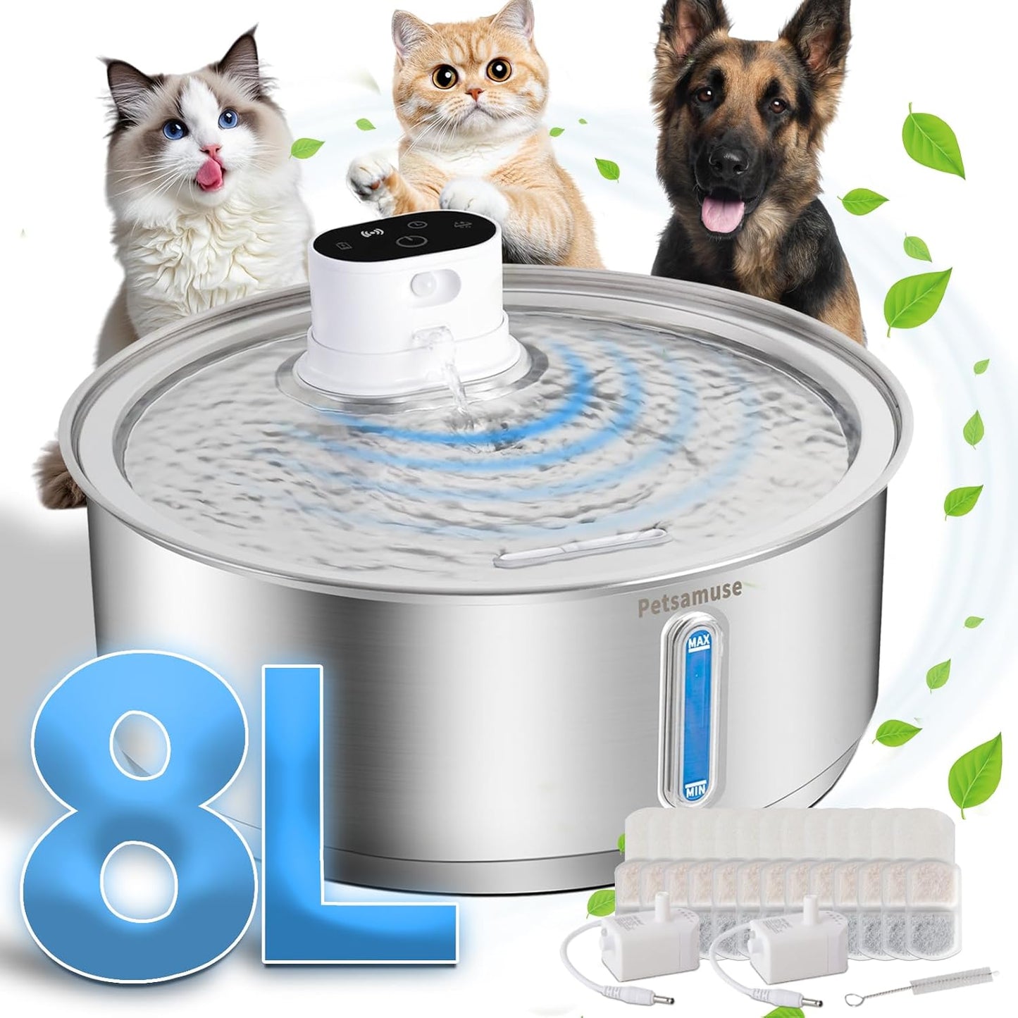 Stainless Steel Dog Water Fountain, 2.1Gal/8L Wireless Battery Operated Large Dog Water Bowl Dispenser Motion Sensor Water Fountain Dog Bowl Inside with 13 Filters and 2 Ultra Quiet Pumps