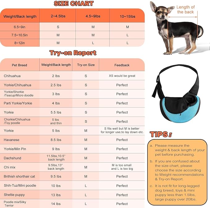 YUDODO Pet Sling Carrier for Small Dogs & Cats – Hands-Free Puppy Carrier with Safety Hook, Large Zipper Pocket, Soft Breathable Mesh, Adjustable Strap & Reflective Strip (Cyan 2.0 S)