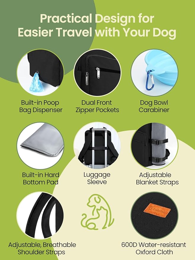 Dog Travel Bag, 25L Airline Approved Dog Travel Backpack for Pet Travel Accessories with 2 Food Storage Containers, 2 Foldable Bowls for Short Trips, Black