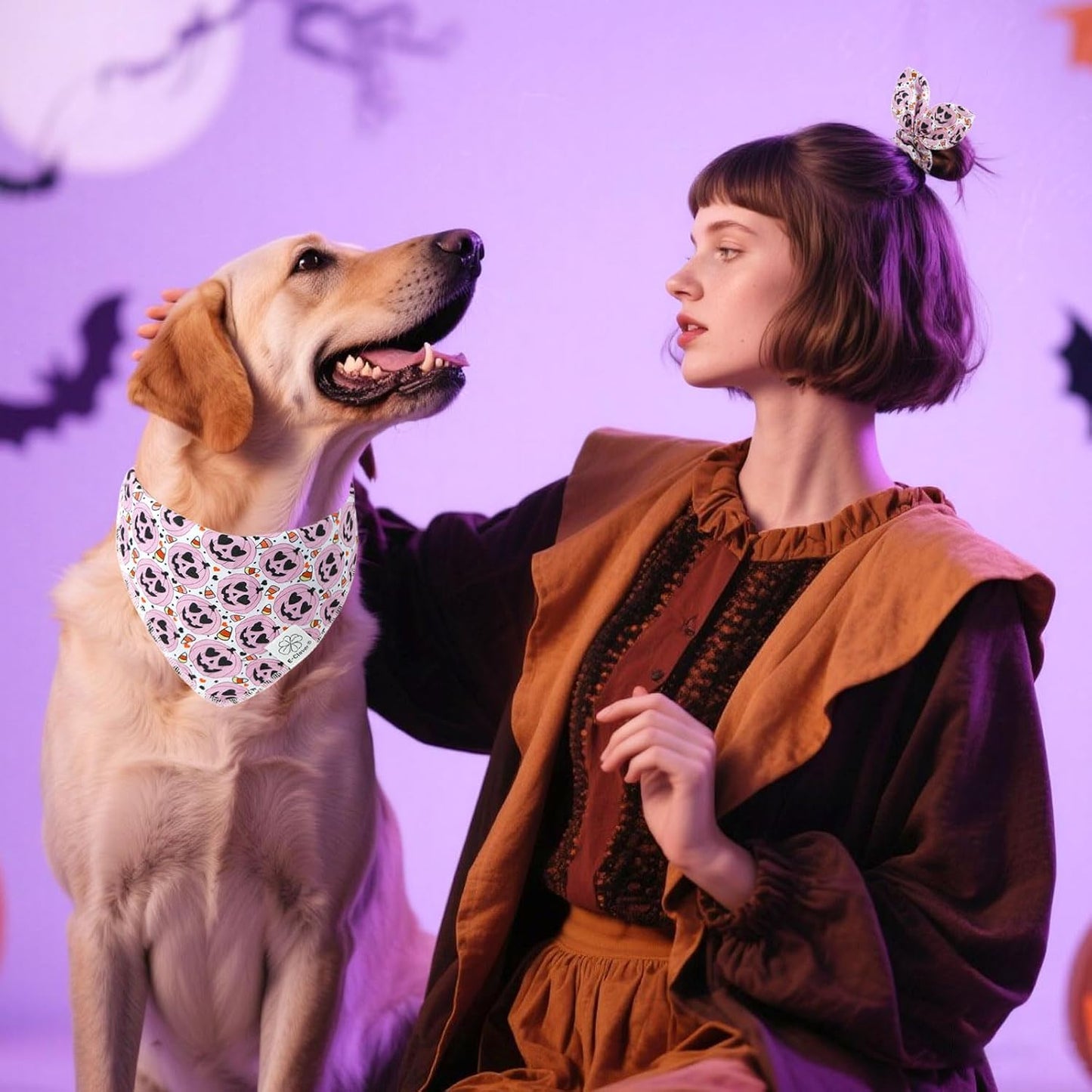 E-Clover Halloween Dog Bandanas & Matching Scrunchie Set Girl Cute Pink Pumpkin Dog Scarf Bibs Pet Bandana with Bow Tie for Small Dogs Puppy Owner Mom