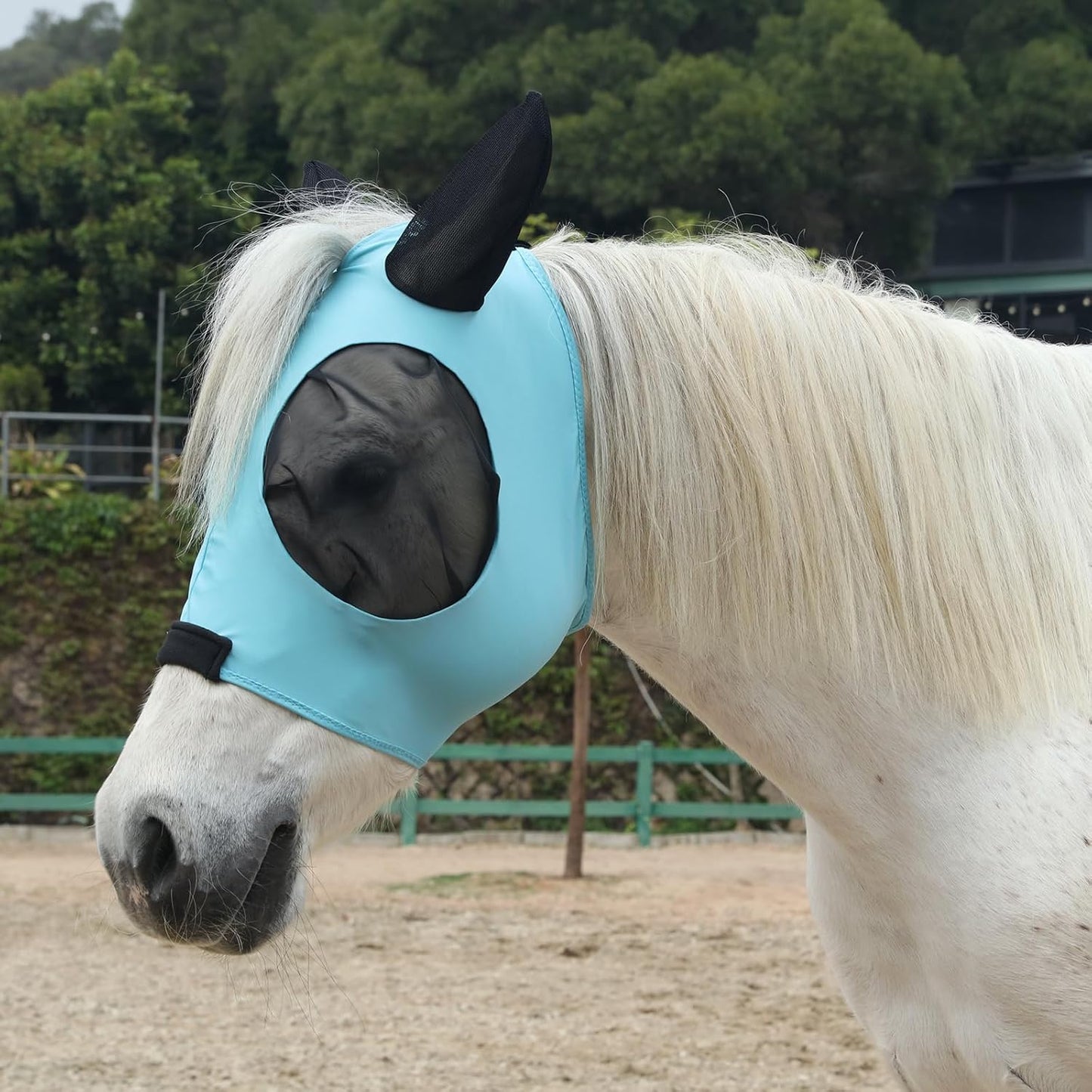 Horse Fly Mask with Ears - Large Eye Space for Full Vision, Breathable Stretch Comfort Fit, UV Protection, Forelock Opening, Easy Pull-On Paleblue Pony
