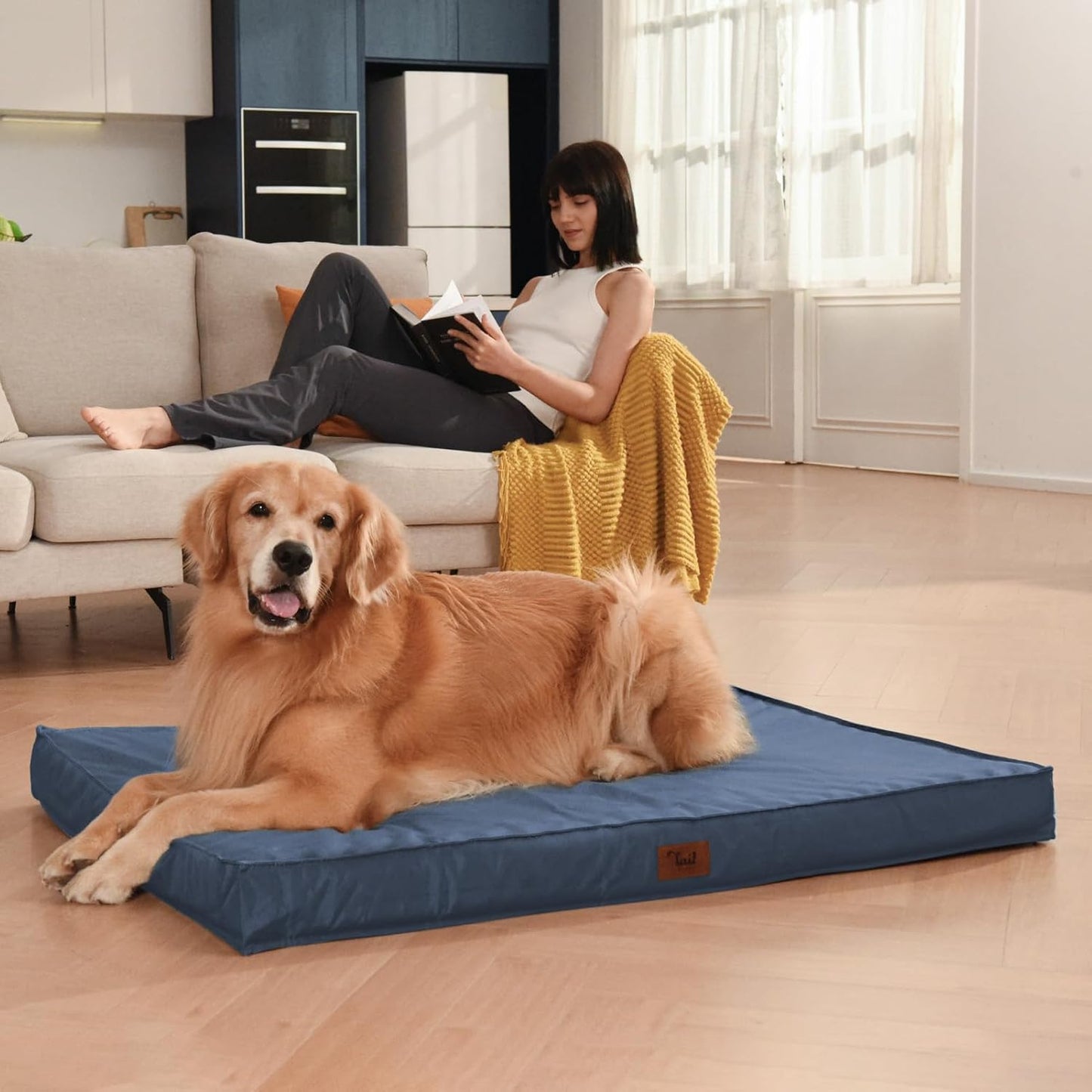 Outdoor XXL Dog Bed Waterproof, Dog Bed for Extra Large Dogs, Orthopedic Egg Foam Pet Bed with Washable and Removable Oxford Cooling Cover, Navy
