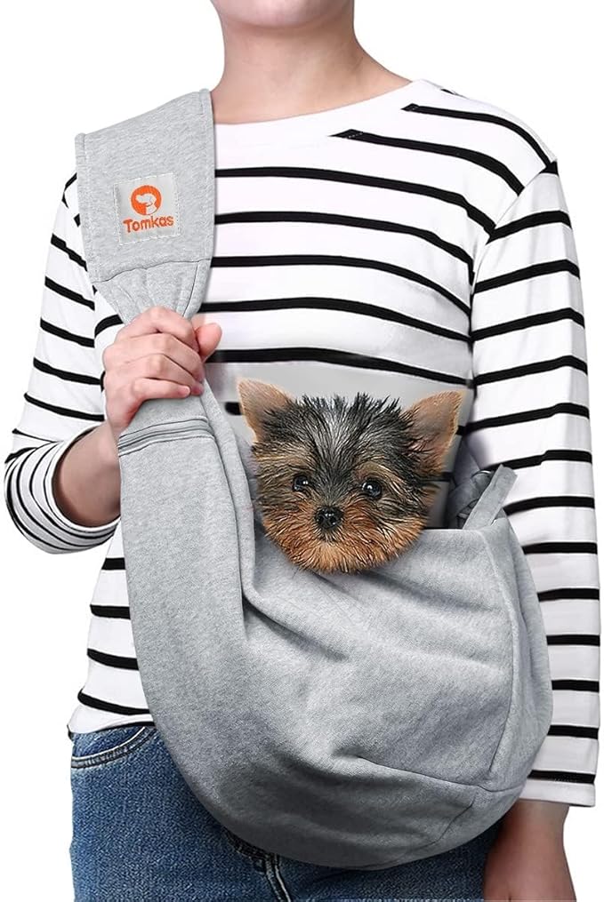 Tomkas Small Dog Sling Carrier - Zipper Pocket & Adjustable Strap - for 3-10 lbs Pets(Grey)