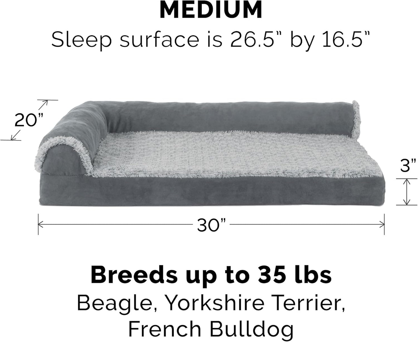 Furhaven Cooling Gel Dog Bed for Medium/Small Dogs w/ Removable Bolsters & Washable Cover, For Dogs Up to 35 lbs - Two-Tone Plush Faux Fur & Suede L Shaped Chaise - Stone Gray, Medium