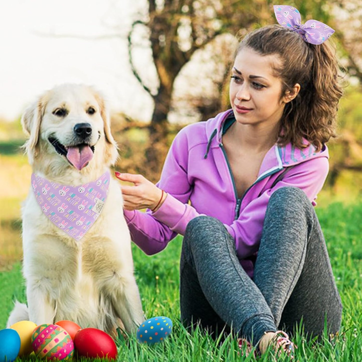 E-Clover Easter Dog Bandana & Matching Scrunchie-Bunny Dog Bandanas Pet Scarf Bib for Medium Large Dogs Girl Boy Owner Gift Purple