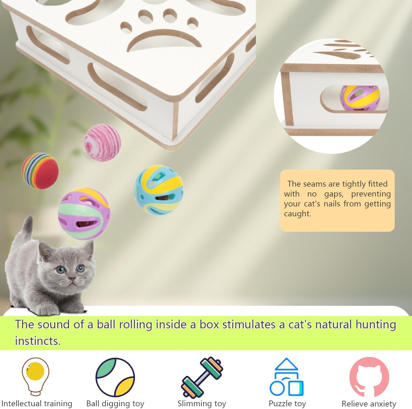 Interactive Wooden Cat Puzzle Toy Box Indoor Hunting Play Toy to Stimulate Your Cat’s Energy and Instincts (White)
