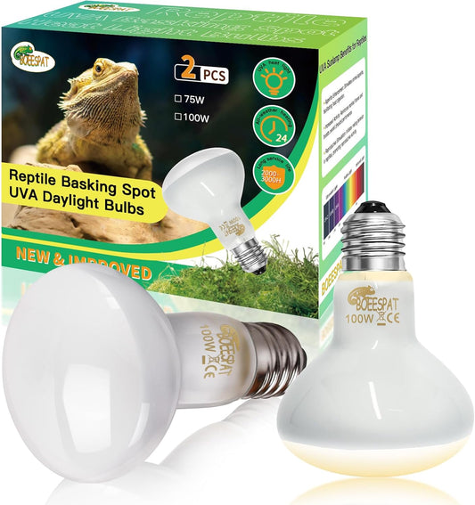 Pack of 2 Reptile Basking Light Bulbs - Incandescent 100W Simulated Sunlight UVA Heat Bulbs for Bearded Dragons, Geckos, Iguanas, Lizards, Amphibians & Small Pets