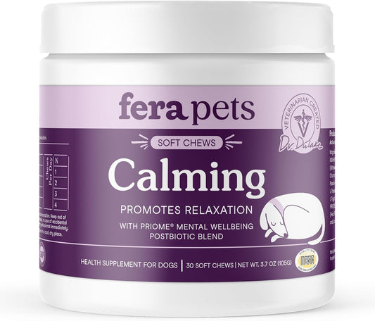 Fera Pets Dog Calming Chews - Anxiety Relief Support - Promotes Relaxation - Ashwagandha & Priome® Mental Wellbeing Postbiotic Blend - 30 Soft Chews