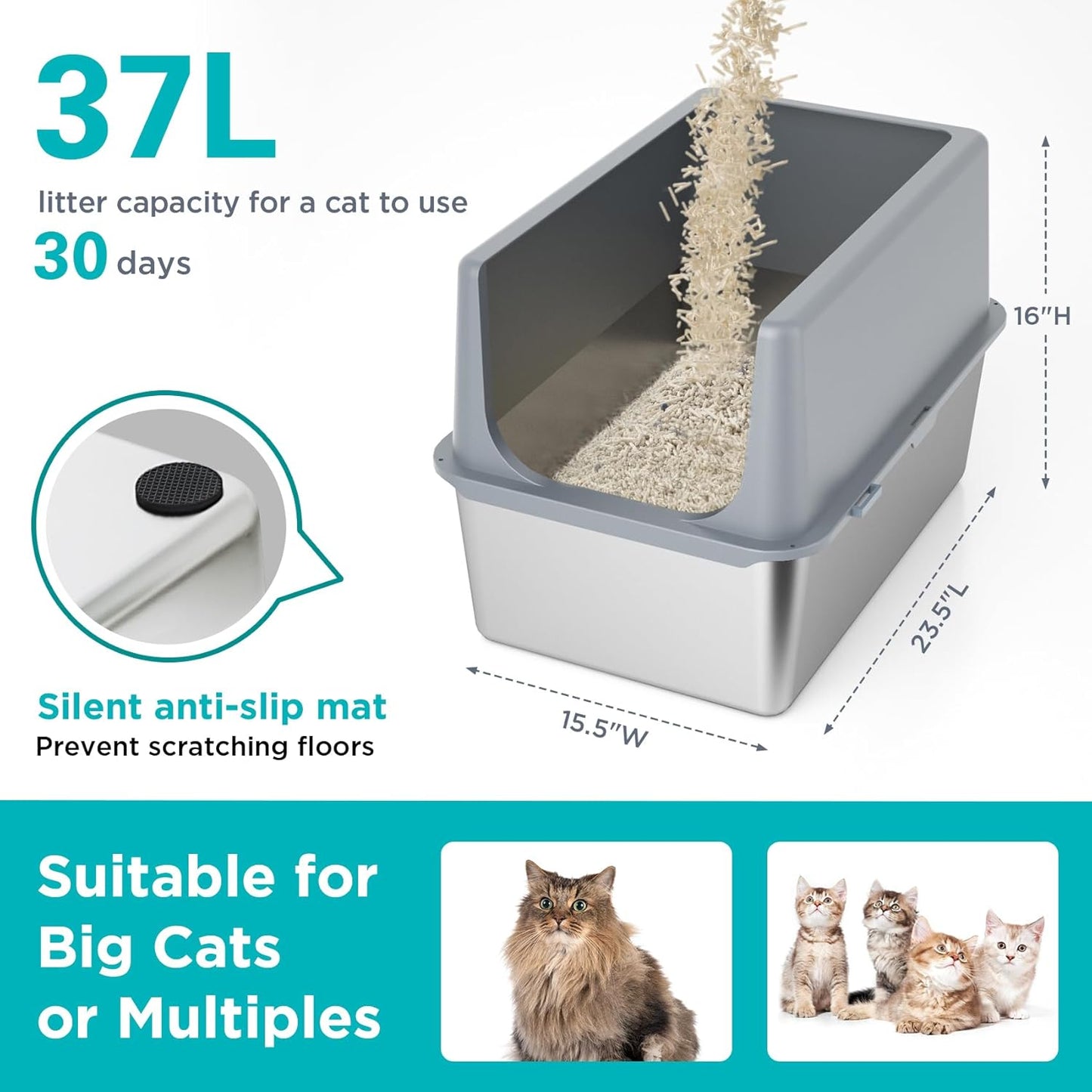 LIHONG Stainless Steel Litter Box with Lid, XL Metal Cat Box for Indoor Cats, Enclosure Cat Litter Pan for Large Cats, Non-Sticky Large Kitty Litter Box, Anti-Leakage, 23.5" X 15.5" X 16"