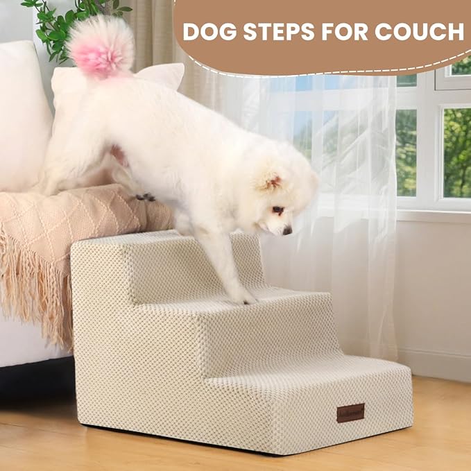 Dog Stairs for Small Dogs & Cats, 3-Step Non-Slip Pet Steps for Couch Sofa and Chair, Beige, 13.6" H