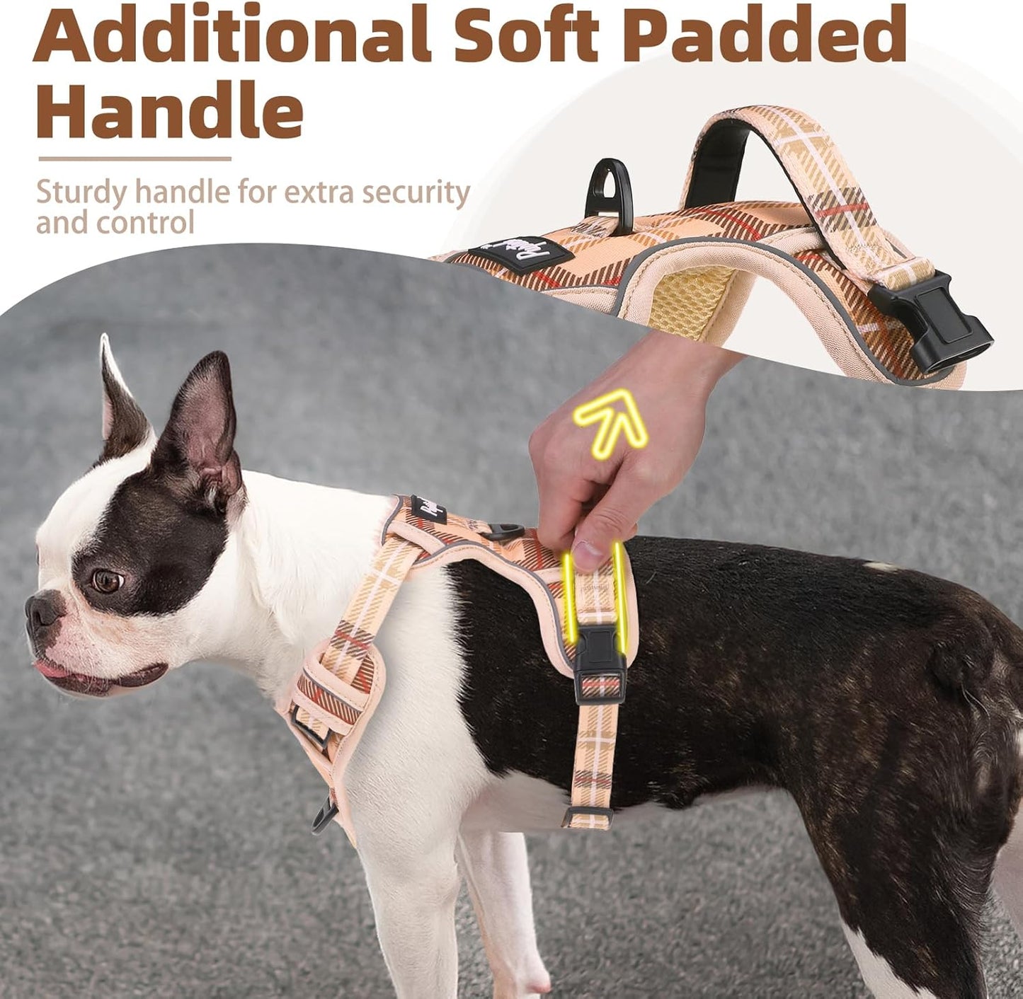 PUPTECK No Pull Dog Harness for Large, Adjustable Reflective Dog Harness with Handle Easy Control, Comfortable Soft Padded Pet Vest Harness for Large Dogs, Plaid Beige L