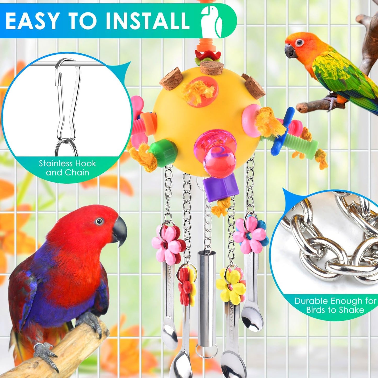 KATUMO Bird Toys Pull Spoons Colorful Acrylic Stick Toys Parrot Chew Toy for Amazon Parrot, African Grey, Conure, Caique, Quaker, Small Cockatoo, Mini Macaw, Eclectus and Similar Birds