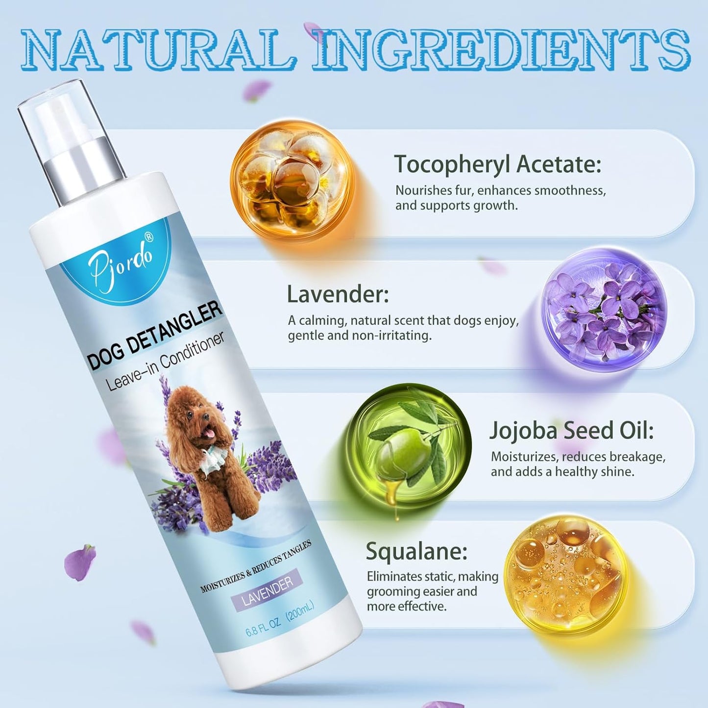 Dog Detangler Spray, Natural Dog Leave in Conditioner Spray with Deshedding Brush and Metal Comb, for Grooming and Mat Removal (Lavender)