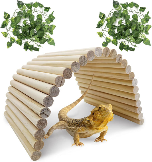 Hamiledyi 15.66 x 7.8 Inches Wooden Reptile Hideout Bearded Dragon Bendy Bridge Climbing Ladder Hiding Hut Reptiles Hide Cave Habitat Decor for Lizards Gecko Spiders Snakes Tortoise