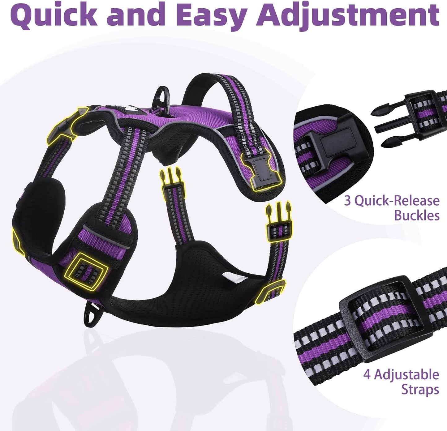 PUPTECK No Pull Dog Harness Medium Sized, Adjustable Reflective Dog Harness with Handle Easy Control, Comfortable Soft Padded Pet Vest Harness for Medium Dogs, Solid Purple M