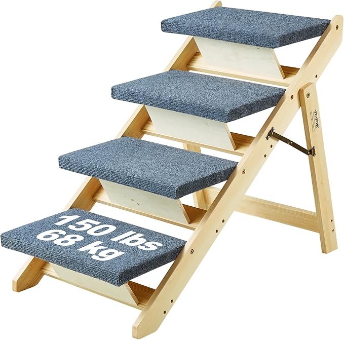 VEVOR Wood Pet Stairs/Pet Steps, 2-in-1 Foldable Wooden Dog Stair for Beds, Sofa and Cars, Dog Stairs & Ramp with 4 Steps for Small Medium Large Pet, up to 150 lbs