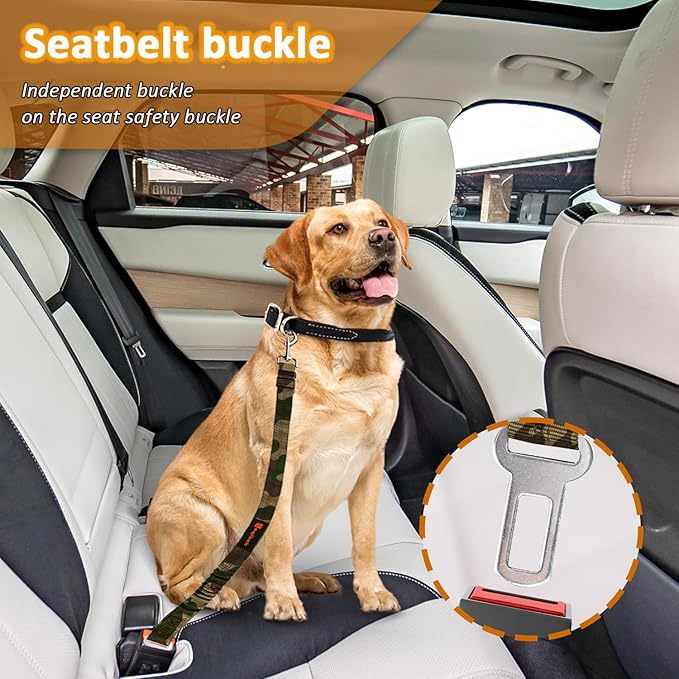 Removable Dog Seat Belt Harness for Car, 3 in 1 Pet Dog Car Seatbelt Leash, Retractable Restraint Secures to Vehicle Headrest & Adjustable Reflective Bungee Dog Seatbelt Tether, Camouflage