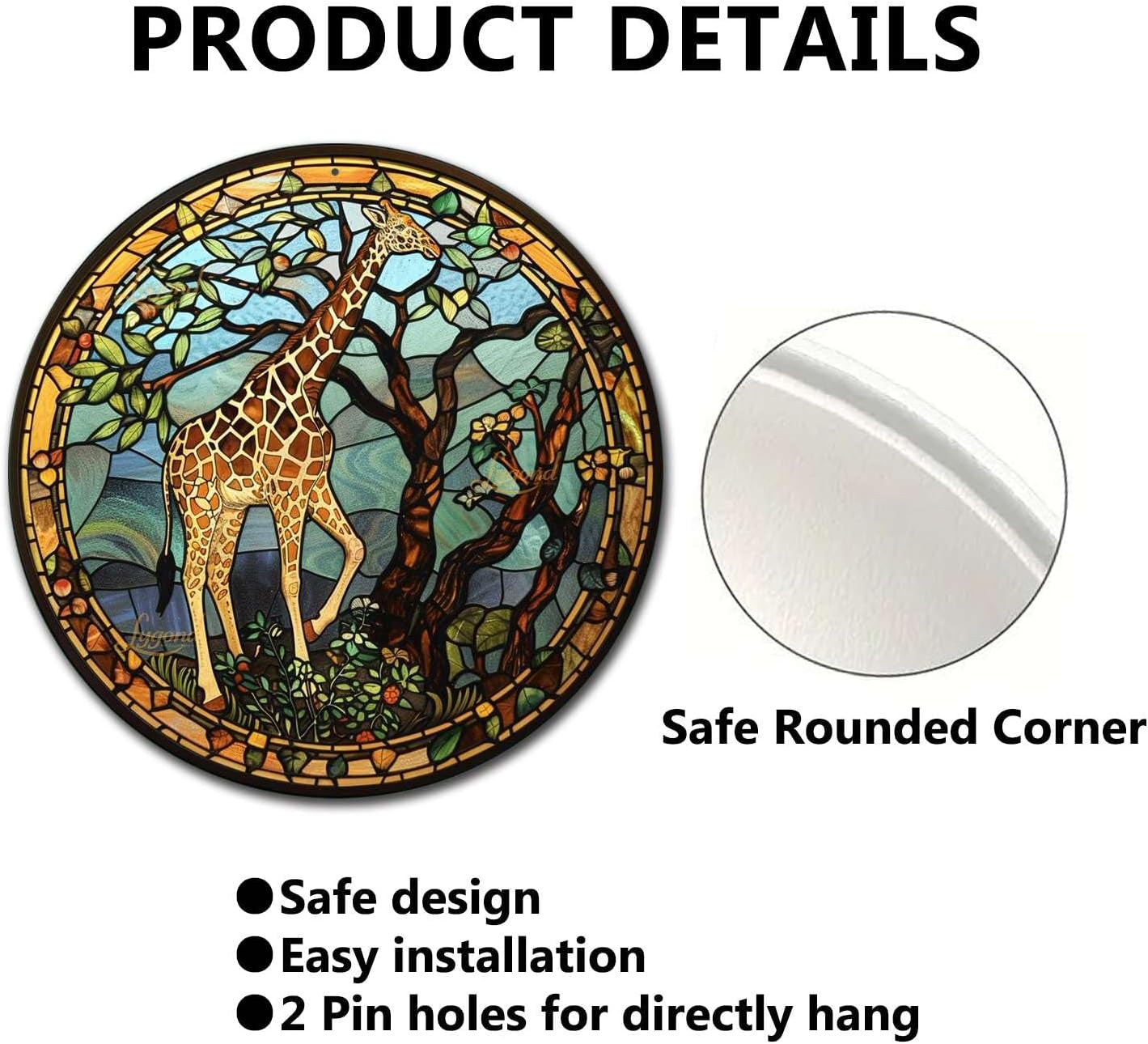 Lygond Metal Sign Tin Sign Circular Stained Glass Giraffe Bathroom Signs for Home for Gift 12×12 Inches