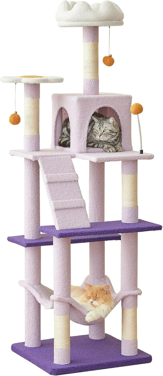 MWPO Flower Cat Tree for Indoor Cats, 63.8 Inches Multi-Level Cat Tower with Sisal-Covered Scratching Posts, Padded Platform, Hammock, Dangling Toys, Stable Cat Condo Pet Play House