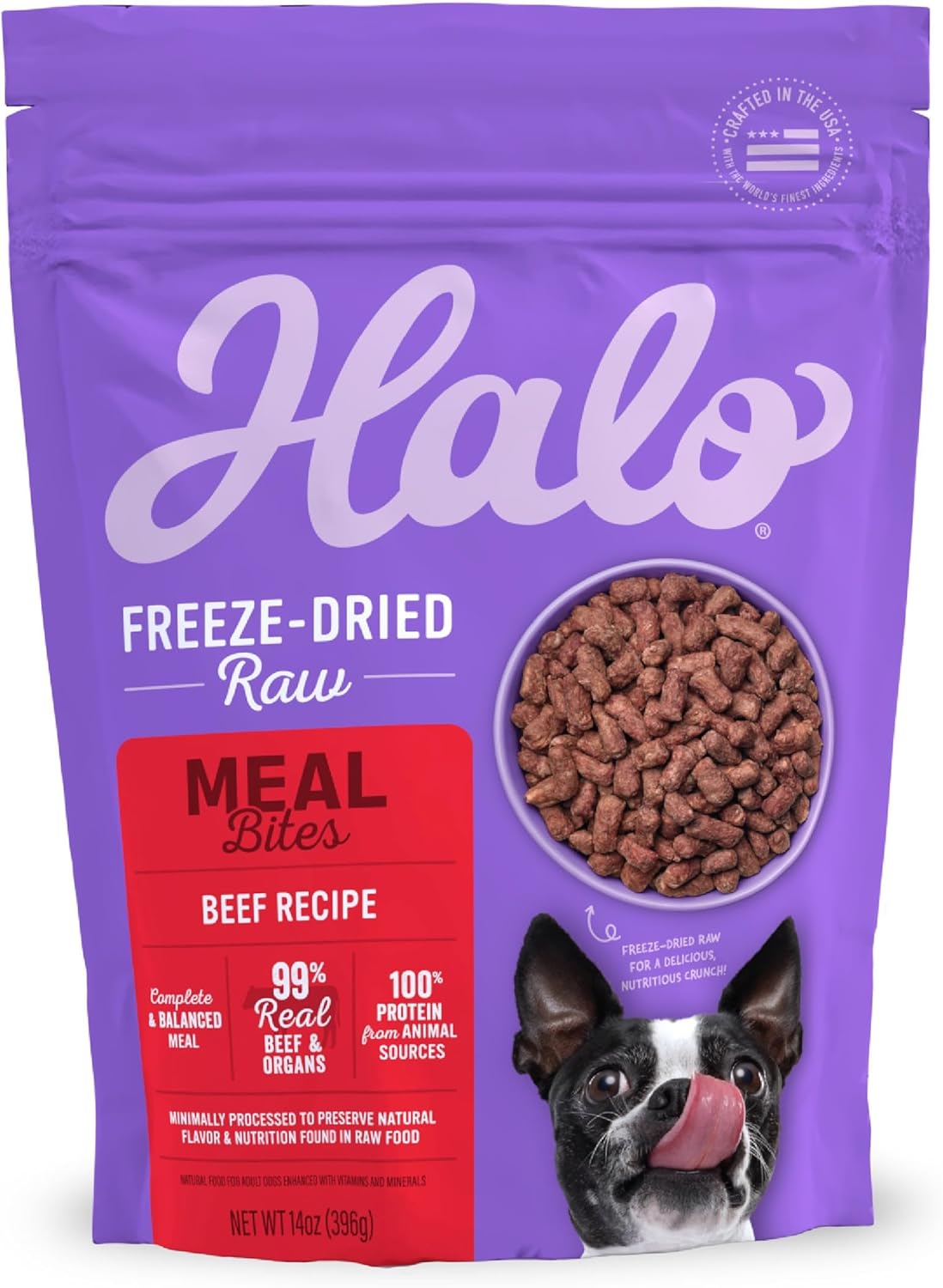 Halo Freeze Dried Raw Dog Food, Beef Recipe, 100% Protein Source, Real Meat for Natural Energy, Meal Bites, 14 Oz Bag