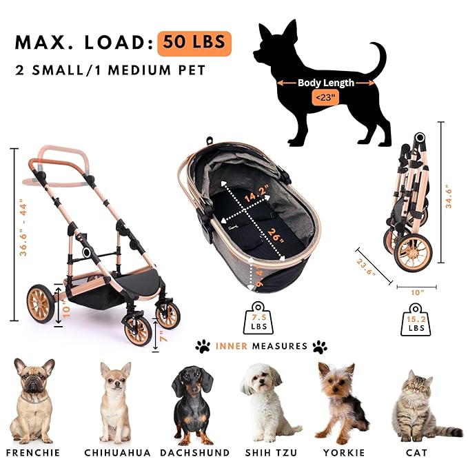 Pet Stroller with 4 Wheels, Foldable Pet Travel Carrier for Small/Medium Dogs Cats up to 50lbs, Detachble Portable Pet Bag, Storage Basket, Car Seat 3 in 1 Multifunctional (Black)