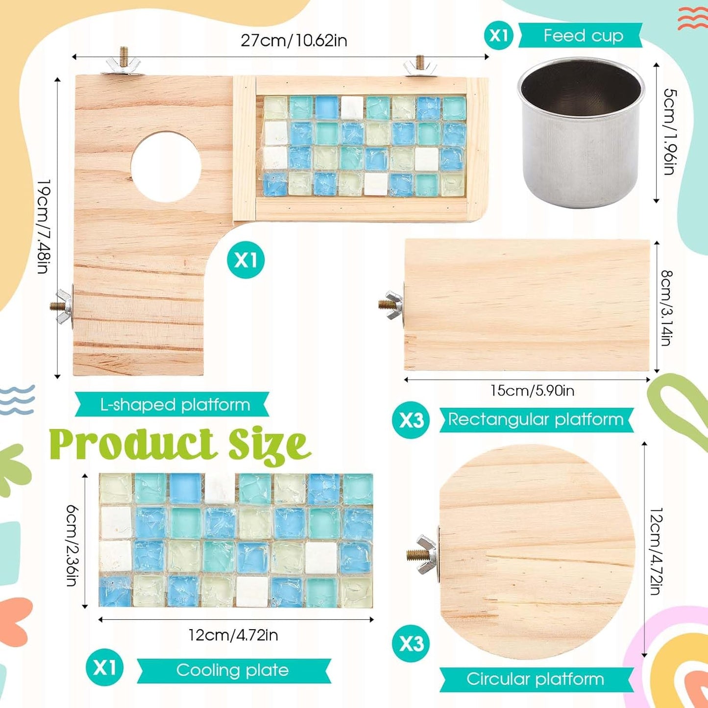 Set of 9 Wooden Hamster Cage Platform Chinchilla Ledges and L Shaped Round Hole Rat Cage Accessories with Cooling Standing Board Food Cup for Squirrel Gerbil Guinea Pig Small Animal