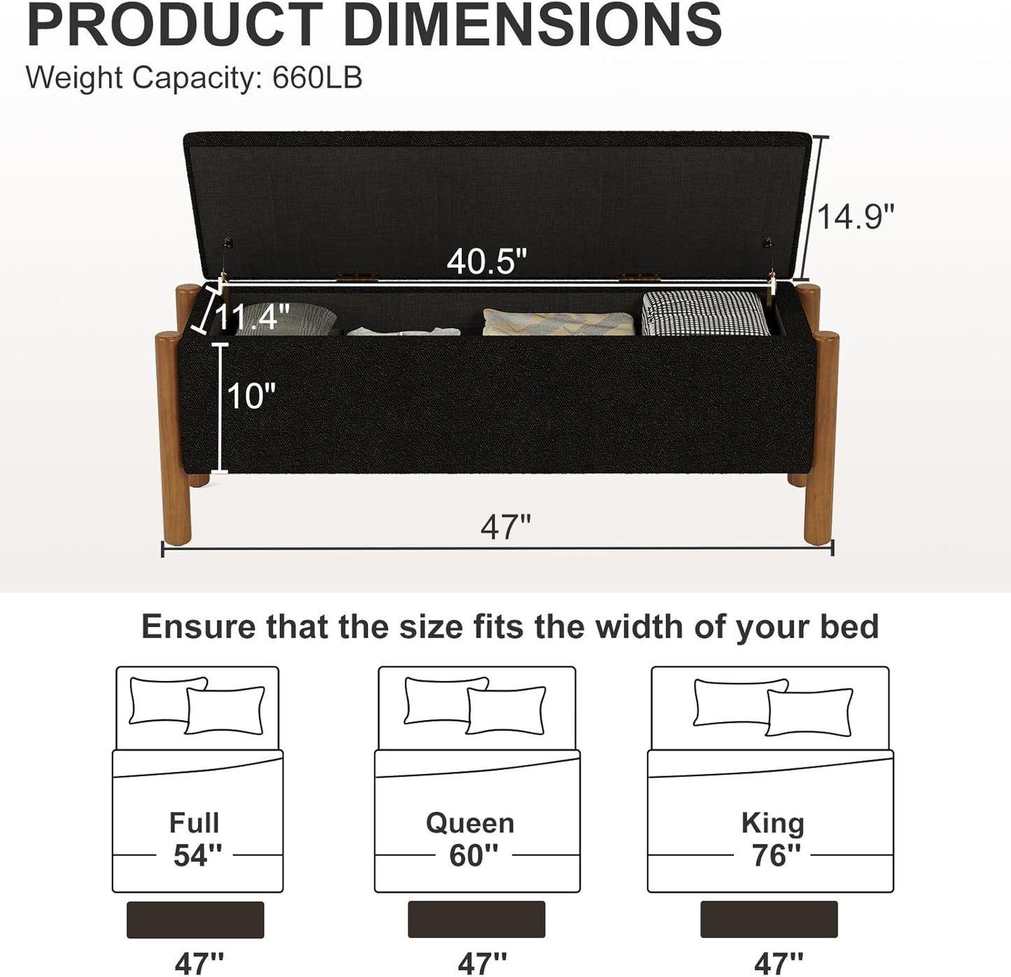 Storage Ottoman Bench, End of Bed Bench for Bedroom, 47" Boucle Upholstered Entryway Shoe Seat Benchs, Holds up to 660 lb Storage Ottoman, Padded Blanket Chest Stool Foot Rest for Living Room Black