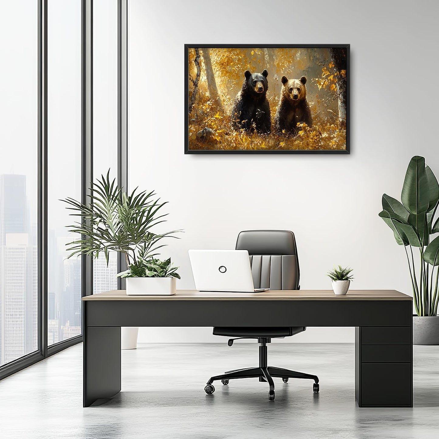 Large Forest Bear Wall Art for Living Room, Black Bear Autumn Canvas Oversized Wall Decor, Wildlife Framed Pictures Painting Print Artwork for Bedroom Office 36L" x 24W"